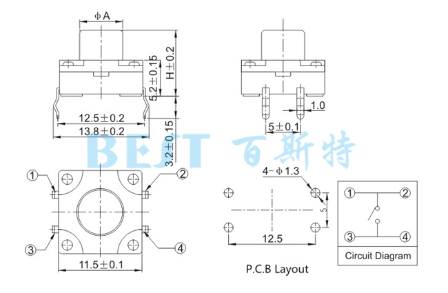 輕觸開關TS-1103K參考圖紙